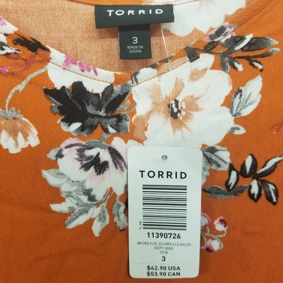 🛍BUNDLE=DEAL! Torrid Cold Shoulder Blouse Orange Floral Crepe Women Plus 3X NWT - Picture 4 of 6
